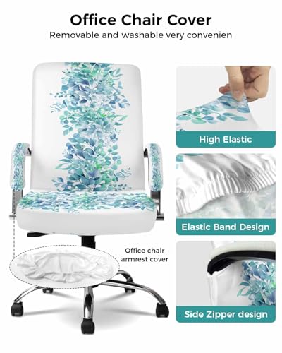 Spring Plants Office Chair Cover with Armrest Covers, Green Eucalyptus Leaves Universal Stretch Desk Rotating Chair Slipcovers, Removable Seat Protector with Zipper, M - color: Emerald Green White, size: Medium & 2PCS Armrest Covers