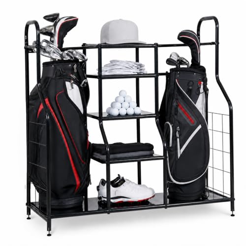 Morvat Golf Organizer for Golf Bags, Clubs, Gadgets, Travel Stuff, & Accessories, Adjustable Feet, Store and Organize Your Equipment, Holds 2 Golf Bags & 5 Metal Accessory Shelves, 38x36x16 - style: Style 1