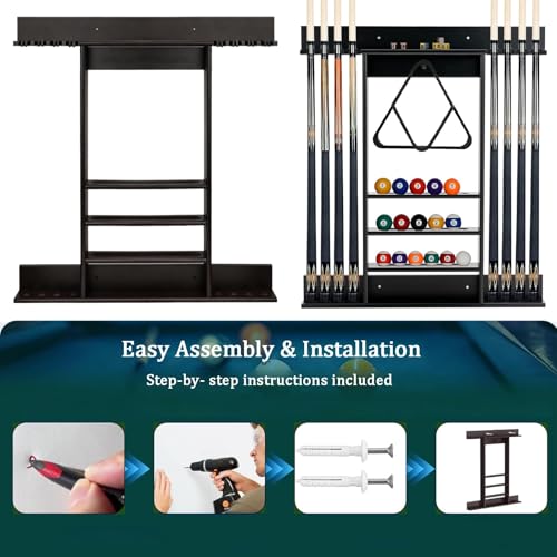 Pool Stick Holder Wall Mount, 8 Pool Cue Rack Wall Mount, Solid Wood Pool Cue Holder & Cue Stick Holder, Professional Pool Stick Wall Rack for Billiard Room Accessories Holds 8 Cues,Black - size: 8 Cues, style: SU-wa-8 Cue Racks-black
