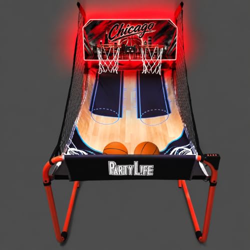 PartyLife 2-Player Basketball Arcade Game w/Optional LED Lights | Electronic Scoring | 5 Balls, 1 Pump, 8 Games | Folding Design | Heavy-Duty Steel Frame - Choose Your Model - color: CHICAGO, style: w/ LED Lights