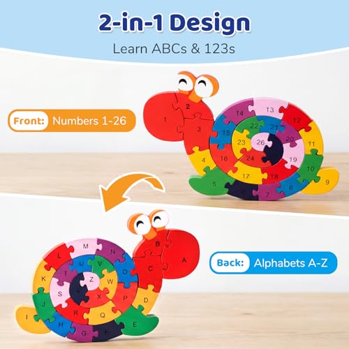 LovesTown Wooden Puzzles for Kids, Double Sided Snail Jigsaw with Alphabet & Numbers, Montessori Educational Toy for Toddlers, Chunky Animal Gift - size: Medium, style: Snail