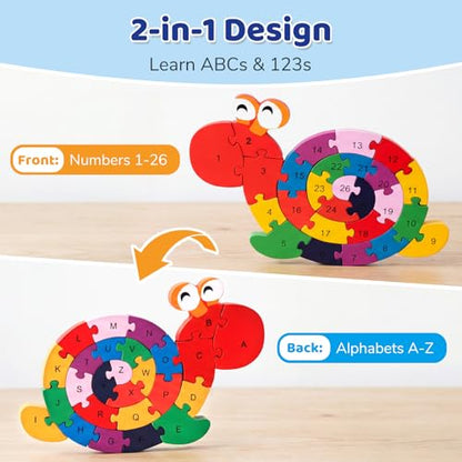 LovesTown Wooden Puzzles for Kids, Double Sided Snail Jigsaw with Alphabet & Numbers, Montessori Educational Toy for Toddlers, Chunky Animal Gift - size: Medium, style: Snail