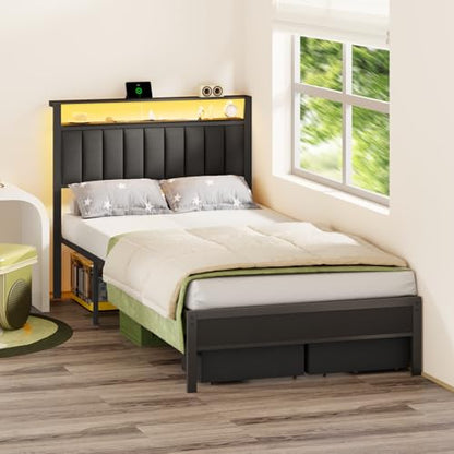 Furnulem Full Size Bed Frame with Charging Station and LED Lights, Grey Upholstered Headboard with Shelves, Metal Platform Bed with 2 Under-Bed Storage (Fabric Drawer on Wheels), No Box Spring Needed - size: Full