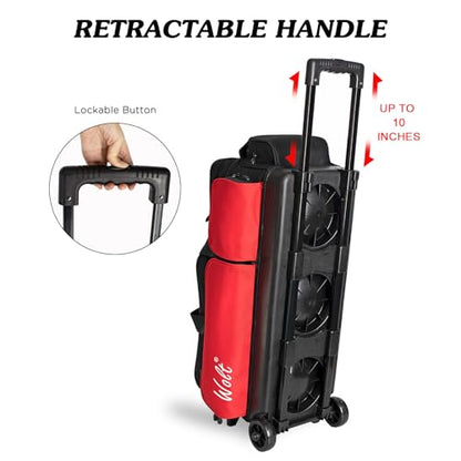 WOLT 3 Ball Bowling Bags with Wheels,Bowling Ball Bag 3 Ball Roller with Separate Shoe Compartment and Accessory Pocket, Retractable Handle Extends to 38’’ - color: red
