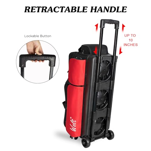 WOLT 3 Ball Bowling Bags with Wheels,Bowling Ball Bag 3 Ball Roller with Separate Shoe Compartment and Accessory Pocket, Retractable Handle Extends to 38’’ - color: red