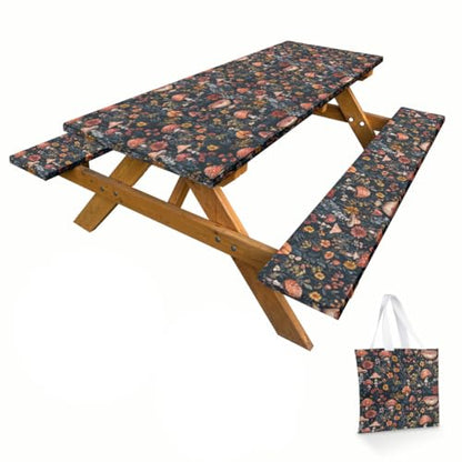 Mushroom Picnic Table Cover with Bench Covers and Carrying Bag, Forest Floral Plant Retro Rectangle Table Cover, Outdoor Patio Camping Essentials 6FT 4PCS, Camping Fitted Tablecloth