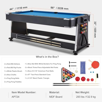 Happybuy 3-in-1 Rotating Swivel Multi Game Table with Air Hockey, Billiards/Pool, and Table Tennis, 88" Gaming Table for Family Game Room, Includes All Accessories