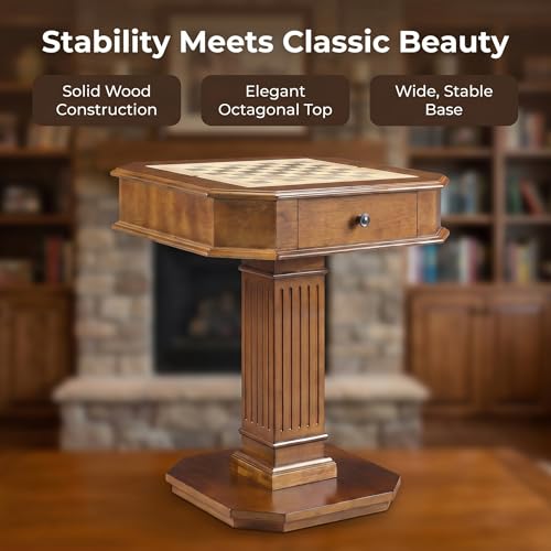 Walnut Finish Chess Game Table with Fluted Square Pedestal | Hidden Storage Drawer, Reversible Tabletop, Chess & Backgammon Game Board, Sturdy Elegant Base, Side Table - size: 28''-Chess Table Walnut + Fluted Square Pedestal