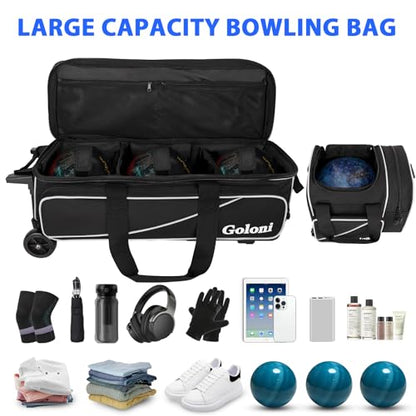 Goloni 3 Ball Bowling Bag with Wheels, Rolling Bowling Roller Bag with Retractable Handle for Balls & Bowling Accessories - color: 4 Ball-Black