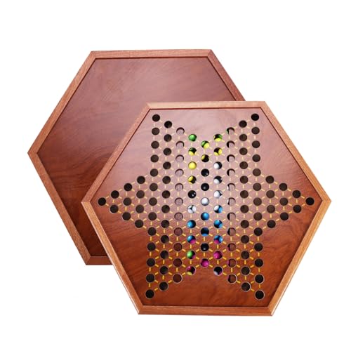 Chinese Checkers 13.7" Large Upgraded Version Wooden Game Board,with 16mm（0.62"） 60+Spare Acrylic Marbles,Classic Strategy Family Board Game.