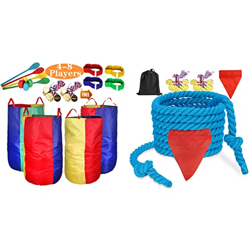 CWLAKON Outdoor Games, Potato Sack Race Bags, Tug of War Rope Blue for Kids and Adults Family, Field Day Birthday Party Field Day Games