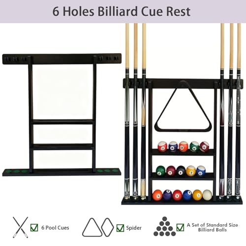 SUPERDIAMOND 6 Holes Wall Mounted Pool Cue Rack, Wood Billiard Stick Holder Holds 6 Cues for Pool Table Accessories, Heavy-Duty Billiards Storage Rack Stand Display for Game Room,Black - size: 6 Cues, style: SU-wa6-Cue Racks-black
