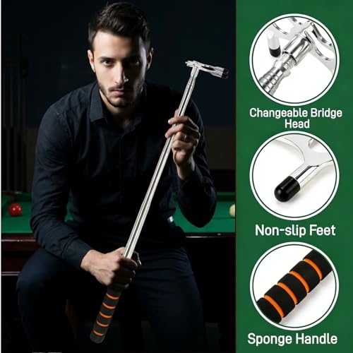 Pumtus Retractable Pool Cue Bridge, Billiards Cue Rest with 3 Pieces Removable Alloy Bridge Head, Snooker Pool Cue Bridge Stick, Billiards Table Accessories for Pool Table, Game, Competition