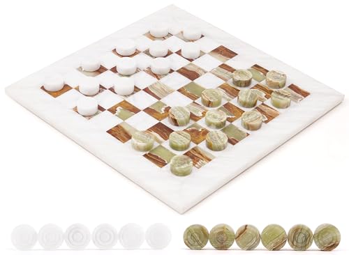 Radicaln Marble Checkers Set 15" Inches White and Green Onyx Handmade Checker Board Game & Draughts Pieces for Outdoor Travel Games, Ideal Stone Chess and Checker Board Games for Adults - color: White and Onyx