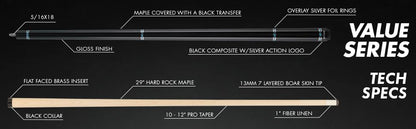 Action VAL26 Value Series Pool Cue - 58" Cue - Hard Maple Shaft with 13mm Boar Skin Tip - Black with Silver Rings - size: 18oz