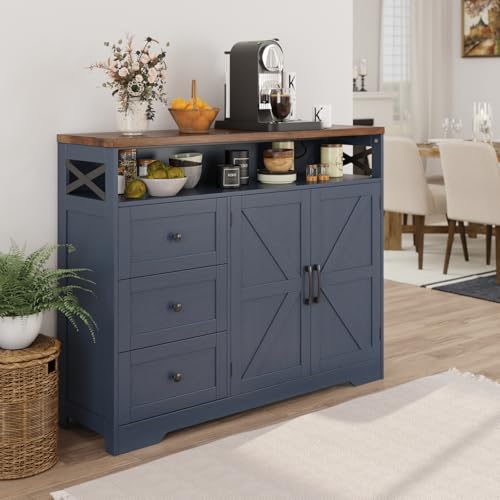 Befrases Farmhouse Buffet Cabinet with Drawers & Open Shelf, Sideboard with Storage, Kitchen Pantry Cabinet Hutch, Coffee Bar Station for Kitchen, Livingroom, 47" L Blue - color: Blue