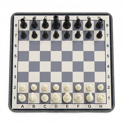 Portable Chess Mat Set for Kids & Beginners – 14.6” x 14.6” Foldable Chess Board with Pieces & Storage Bag | Soft Fabric Chess Mat with Coordinates | Travel-Friendly Indoor Chess Game