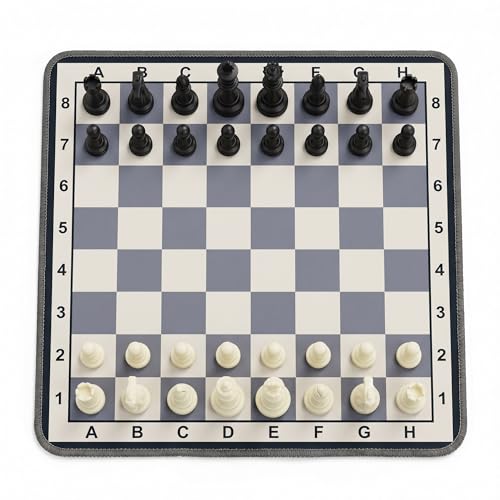 Portable Chess Mat Set for Kids & Beginners – 14.6” x 14.6” Foldable Chess Board with Pieces & Storage Bag | Soft Fabric Chess Mat with Coordinates | Travel-Friendly Indoor Chess Game