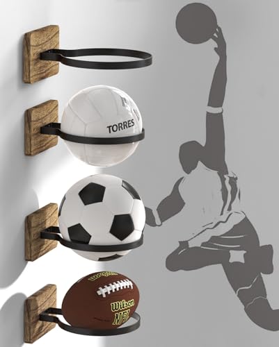 Wall Mount Basketball Holder, Ball Storage Holders Display Rack for Autograph Basketball, Football, Soccer, Volleyball Collection, Sports Accessories Organizer for Player Fans - color: Carbon Brown-4 Packs