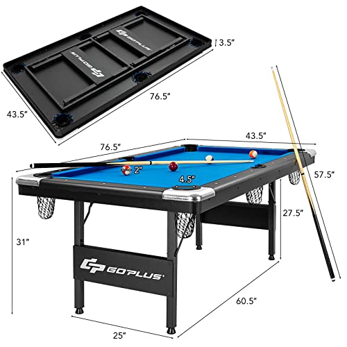 Goplus 6 FT Folding Pool Table, 76 Inch Portable Billiard Tables for Adults W/Foldable & Locking Legs, Adjustable Feet, Full Accessory Kit of 2 Cues, 16 Billiard Balls, Triangle, Brush, Chalk