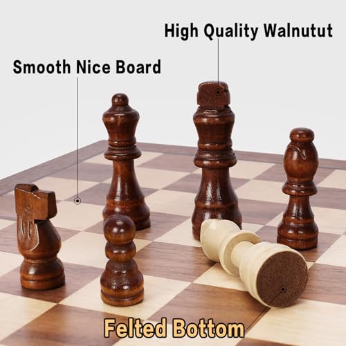 Magnetic Wooden Chess Set for Adults Kids, 15" Folding Chess Boards with 2 Extra Queens, Portable Travel Chess Sets with Pieces Storage Slots, Beginner Chess Game Set for Kids, Adults