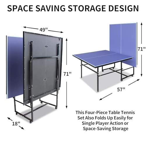 Ping Pong Table Foldable Indoor 8/8.5/9FT Single Player Playback Mode Game Set with Paddles and Balls - color: Blue-9x4.1FT