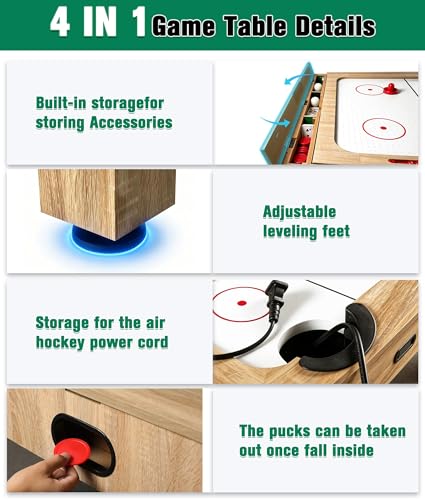 7Ft 4 in 1 Game Table, Pool Ping Pong Air Hockey Combo Table for Adults, 1-Min Switch, No Assembly Game Room Table