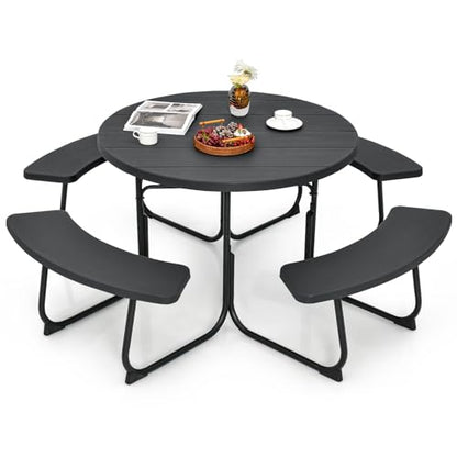 Tangkula 8 Person Picnic Table, Outdoor Round Picnic Table with 4 Built-in Benches, Umbrella Hole, Metal Frame & HDPE Tabletop, Outside Table and Bench Set for Backyard, 2300lbs Weight Capacity - color: Black
