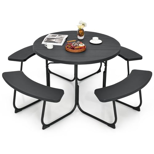 Tangkula 8 Person Picnic Table, Outdoor Round Picnic Table with 4 Built-in Benches, Umbrella Hole, Metal Frame & HDPE Tabletop, Outside Table and Bench Set for Backyard, 2300lbs Weight Capacity - color: Black