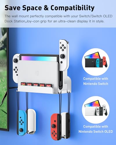 Wall Mount for Nintendo Switch 1 and Switch OLED, Metal Wall Mount Shelf Kit with 5 Game Card Holders and 4 Joy Con Hooks, Safely Store Switch Console Near or Behind TV, White - color: White