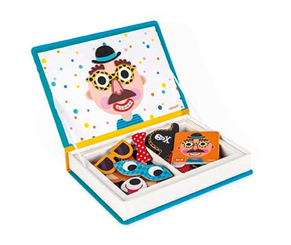 Janod - Magnetibook 83 Pc Magnetic Boy Crazy Face Dress Up Game - Decorating Fridge with Magnetic Letters - Enhances Creativity and Learning - Boosts Self-Confidence - Portable and Easy Storage - style: Boy Crazy Faces Dress Up