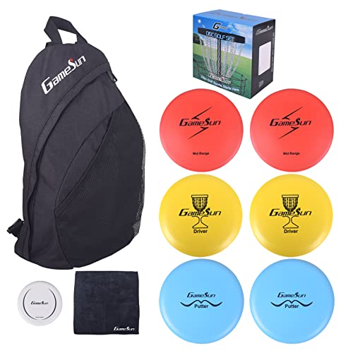 DISC Golf Set Includes 1pc Heavy Duty Nylon Backpack Bag, 2pcs Drivers, 2pcs Mid-Ranges, 2pcs Putters, 1pc Mini Disc Marker, 1pc 12”x12” Embroider Logo Black Towel and 1pc Gift Color Box - color: Black
