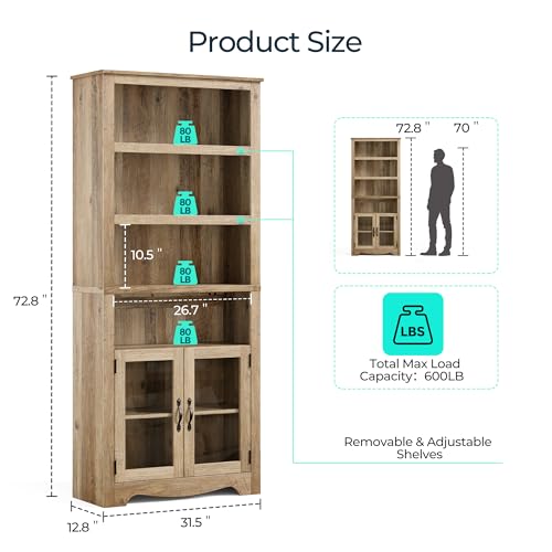 LINSY Bookshelf with Doors, 6 Shelf Bookcase Tall Bookshelves, 73" Farmhouse Book Shelf with Storage Cabinet, Wood Book Shelves for Living Room, Bedroom, Office, Rustic Brown - color: Brown