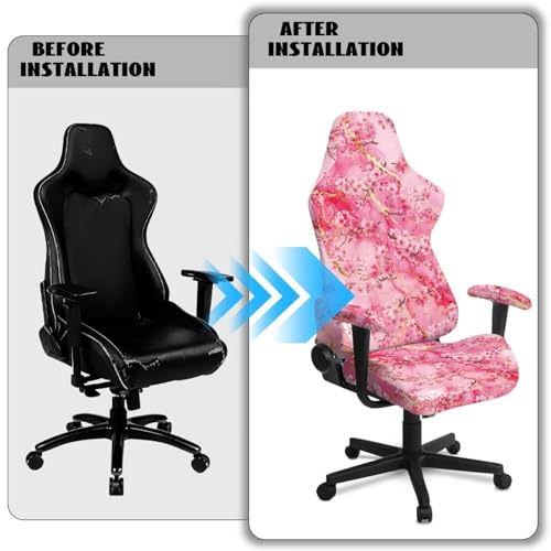 Suobstales Cherry Blossom Marble Pattern Gaming Chair Cover with 2 Armrest Covers, Non Slip Game Chair Cover with Zipper, Dustproof Washable Gaming Chair Seat Cover, Set of 4 - color: Cherry Blossom Marble