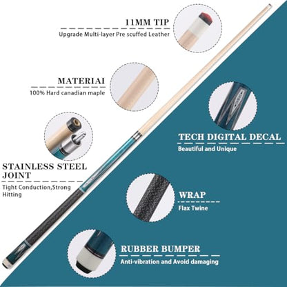 10mm11mm12mm13mm Billiard Pool Cue Stick Set, 20 oz 58 inch Canadian Maple Cue Stick Irish Linen Wrap, Cue Stick for Beginner, Commercial and Home Entertainment - color: 11mm Sky Blue with case