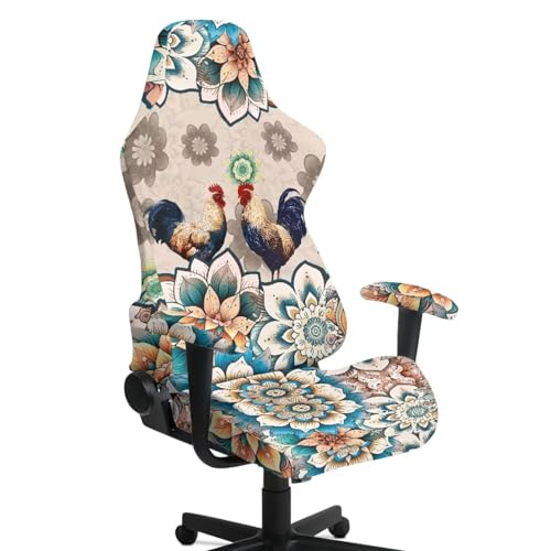 Rooster Print Gaming Chair Slip Cover Set Boho Mandala Flower Print Gaming Chair Covers Slipcovers 4Pcs with Armrest Cover Universal Fit for Desk/Swivel/Rotating Chairs Protector - color: Brown - Rooster Boho Mandala Flower