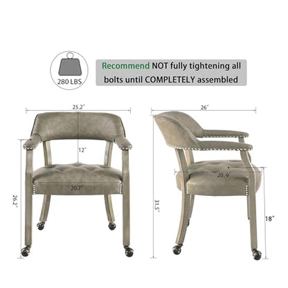 Set of 4 Dining Chair with Casters, Accent Captains Leather Chairs with Wheels & Arms,Wheeled Roller Wood Chairs for Kitchen & Game Poker Table,Antique Grey(NO Table!) - color: Antique Grey