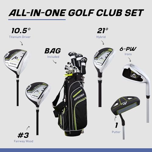 Precise M3 Men’s 14-Piece Golf Set – 460cc Driver, Wood, Hybrid, 6-PW Irons, Putter, Stand Bag, 3 Headcovers and Cover - RH - size: Green - Regular Size