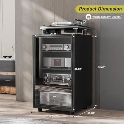 Media Storage Cabinet with Tempered Glass Door, 3 Adjustable Shelves Stereo Cabinet with Cable Management, AV Rack for Living Room/Gaming Setup/Home Studio Audio Rack (Black)