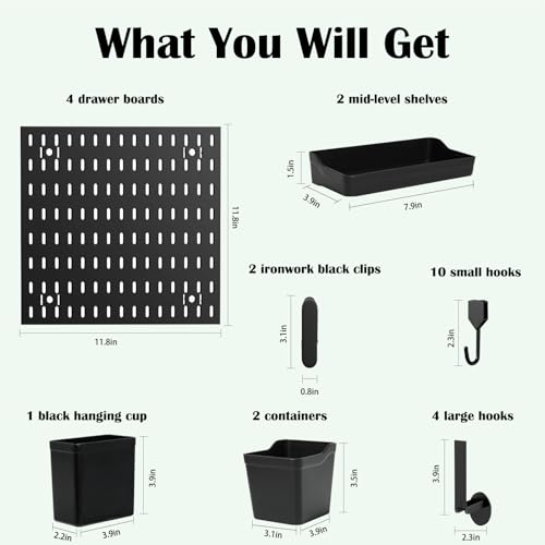 Peg Board Kit, ABS Plastic Wall Organizer Panels, 4 Pack, 12 x 12 in | with Hooks / Shelves / Bins / Accessories, Wall Mounted / No Drill / Adhesive, for Office / Gaming Room / Craft Room