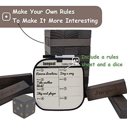 Juegoal 54 Pieces Giant Tumble Tower Blocks Game Giant Wood Stacking Game with 1 Dice Set, Gameboard, Canvas Bag for Adult, Kids, Family, Grey - color: Grey, size: Large