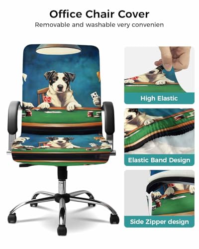 Abstract Animal Office Chair Cover, Dog Playing Poker Game Chips Blue Room Funny Universal Stretch Desk Rotating Chair Slipcovers, Removable Seat Protector with Zipper, L - color: Dark Green Brown, size: Large
