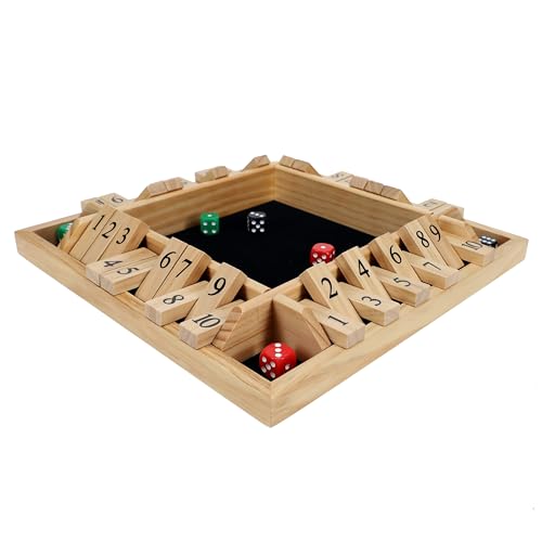 Pacific Shore Games Shut the Box Game 4 Player, Natural Wood, Dice Games, Wooden Board Games for Adults, 10 Number Tiles, 12 inch Board - color: Natural