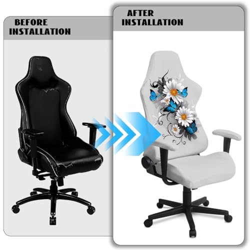 Butterfly Daisy Print Gaming Chair Cover with Armrest Covers Anti-Dust Soft Elastic Computer & Gaming Chair Slipcover Universal Fit Office Desk & Racing Computer Gamer Chairs - color: Grey - Butterfly Daisy