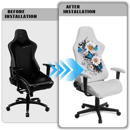 Butterfly Daisy Print Gaming Chair Cover with Armrest Covers Anti-Dust Soft Elastic Computer & Gaming Chair Slipcover Universal Fit Office Desk & Racing Computer Gamer Chairs - color: Grey - Butterfly Daisy