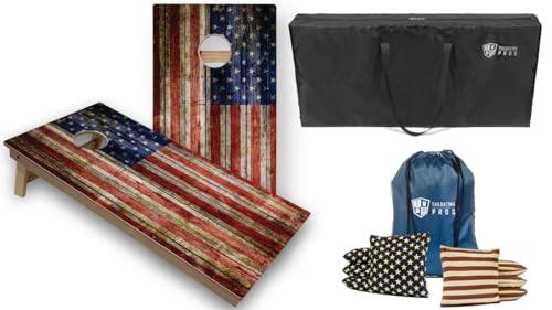 Tournament Grade Tailgating Pros American Flag Wooden Plank Design Cornhole Board Set w/Bean Bags and Carrying Case - 4'x2' Corn Hole Toss Game w/Built in Lights - color: Distressed S/S