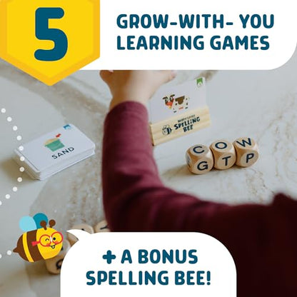 Chuckle & Roar Happy Little Spelling Bee Dice Game for Kids Ages 3-7+ – Educational Word & Letter Learning Game with 100 First Words, 10 Wooden Letter Dice, 5 Grow-With-Me Spelling Games & Storage Bag
