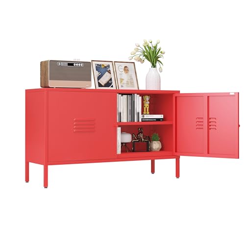 Storage Cabinet with Doors and Shelves -Metal TV Stand - Metal Storage Accent Cabinet for Home, Office, Entryway,LivingRoom. (red) - color: Red, style: tv stand cabinet