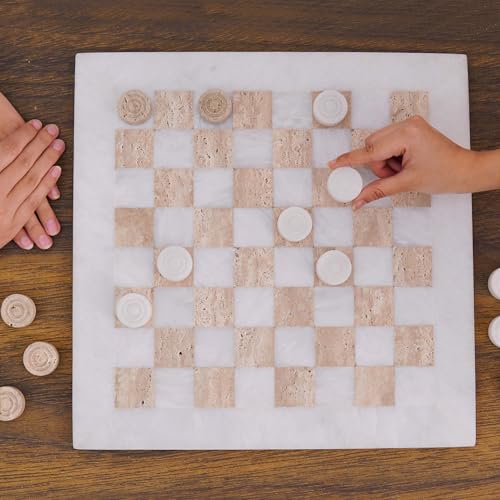 Marble Checkers Set 15 Inches Handmade White and Travertine Checkers Board Game with Checker Pieces - Board Games for Adults, Game Table Accessories, Gifts & Home Décor
