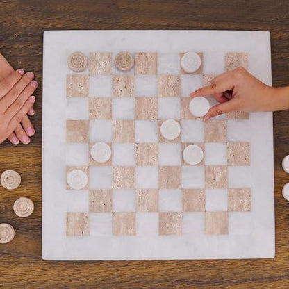 Marble Checkers Set 15 Inches Handmade White and Travertine Checkers Board Game with Checker Pieces - Board Games for Adults, Game Table Accessories, Gifts & Home Décor